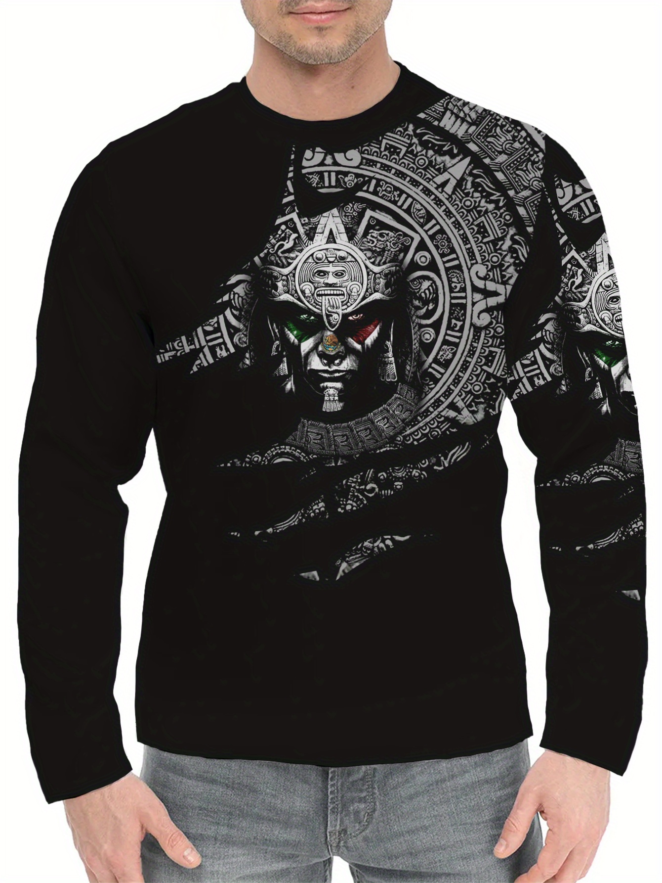 Aztec Mexican Pattern Print, Men's Graphic Design Crew Neck Long