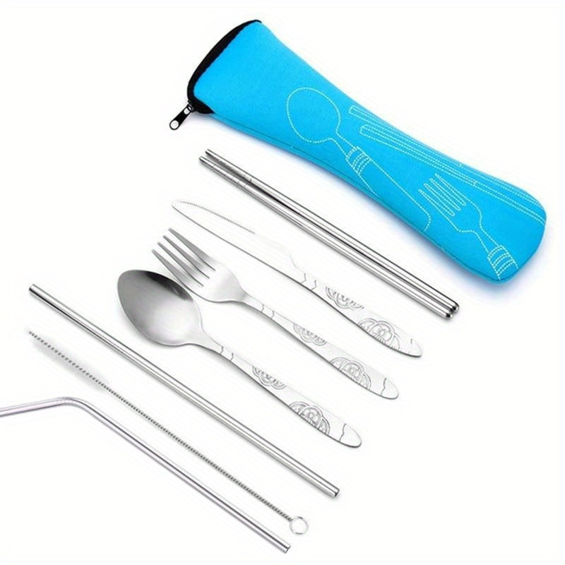 

7-piece Stainless Steel Travel Cutlery Set - Portable Lunch & Dinnerware With Spoon, Fork, Knife - Polished Finish For Outdoor Camping And Picnics