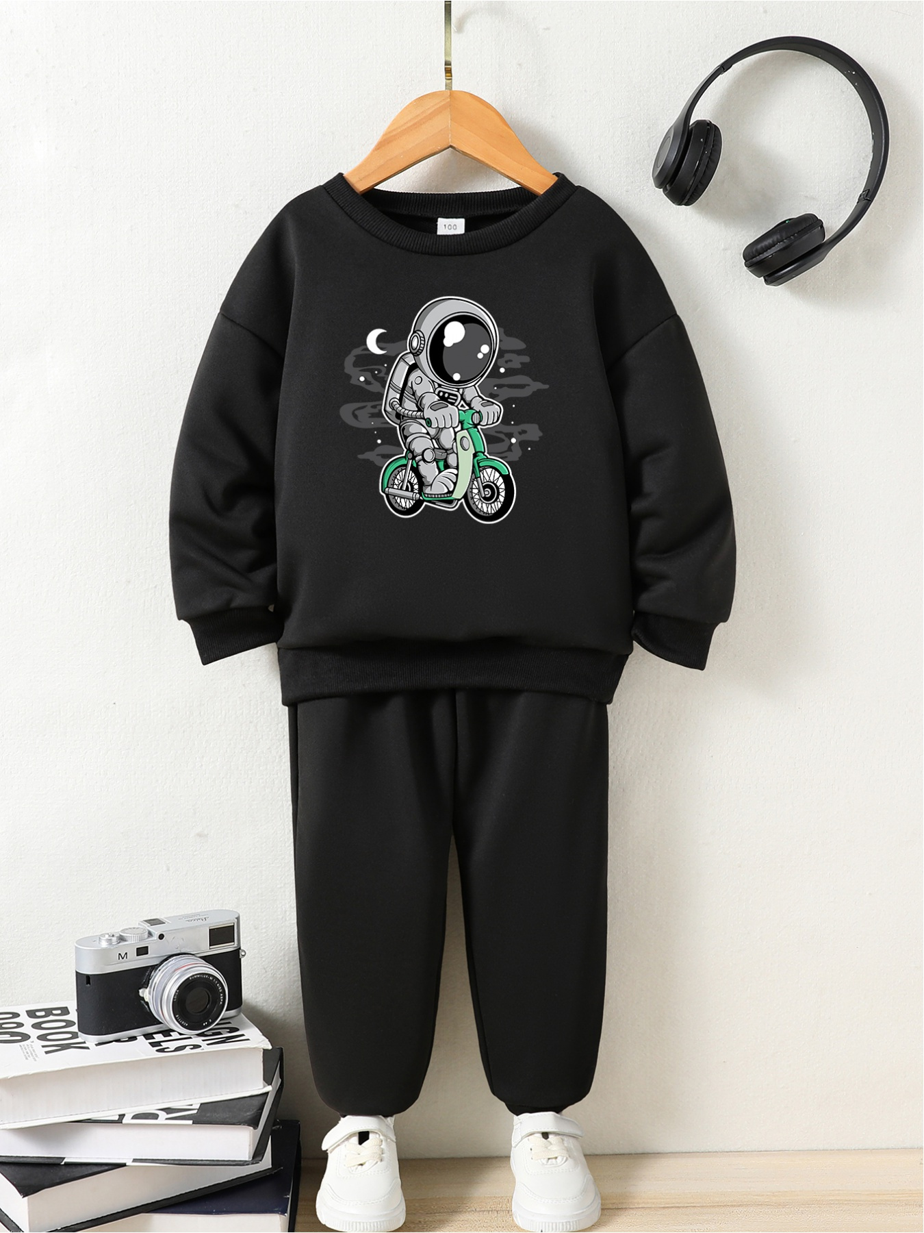 2pcs Girls Astronaut Bike Print Outfit Jacquard Hoodie Sweatpants