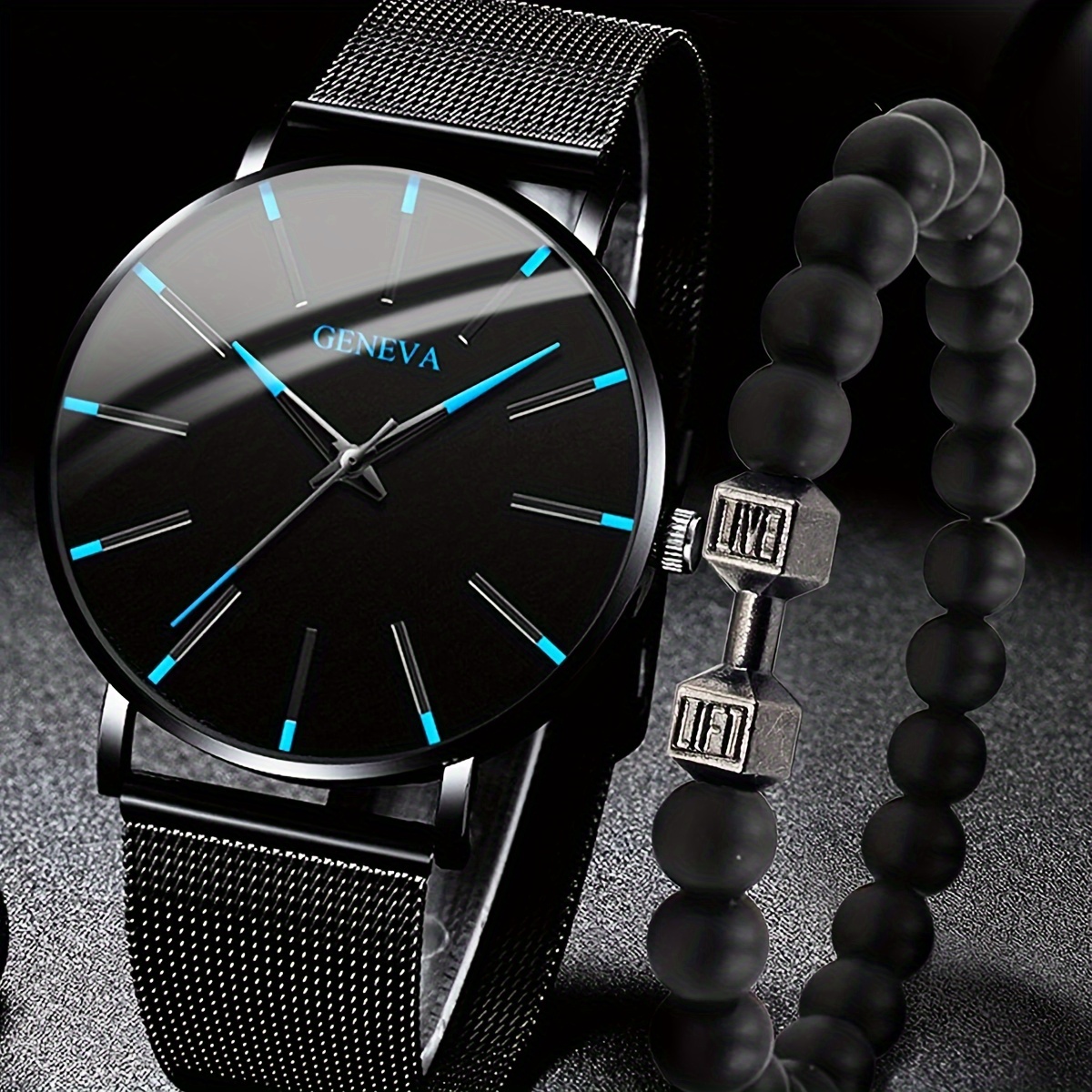 1pc Black Fashion Men's Quartz Watch & 4pcs Black Tree Of Life Bracelet
