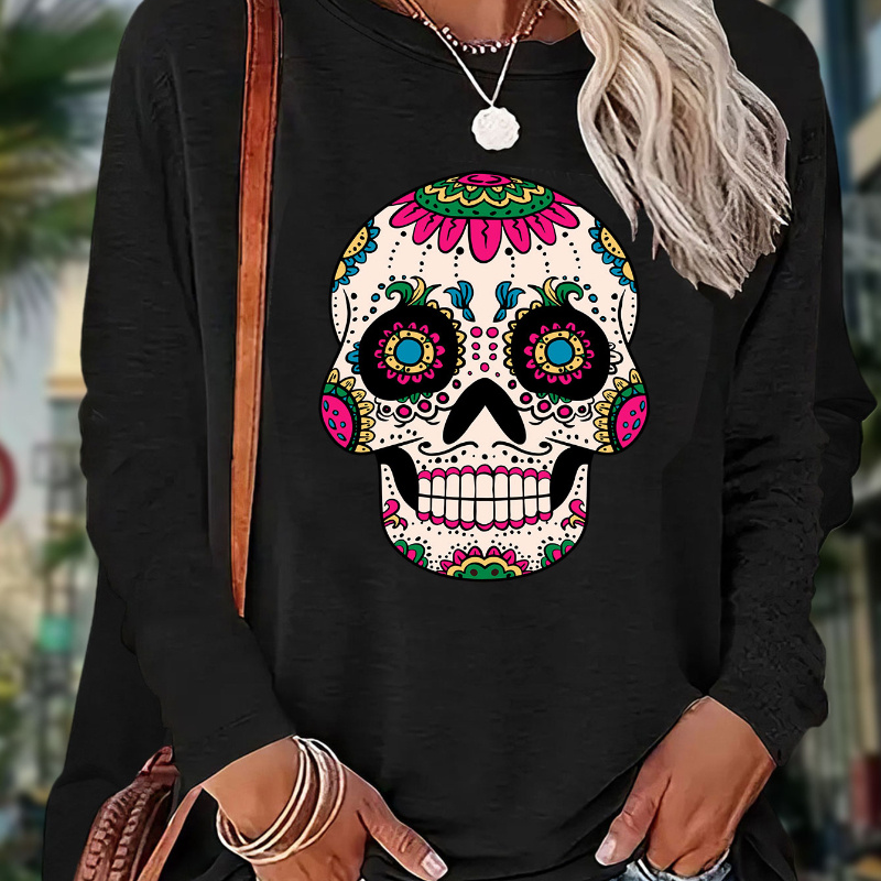 

Caravaca Skull Print T-shirt, Long Sleeve Crew Neck Casual Top For Fall & Spring, Women's Clothing