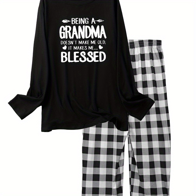 

Grandma Slogan Print Gift Lounge Set, Crew Neck Long Sleeve Top & Elastic Waistband Plaid Pants, Women's Loungewear & Sleepwear