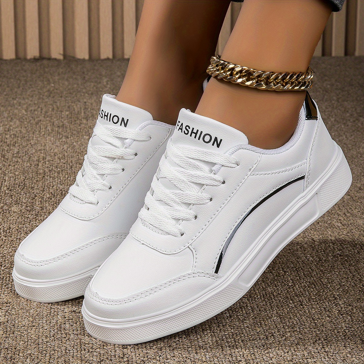 

Women's Trendy Faux Leather Flat Heighten Skate Shoes, Wear Resistance Non Slip Lace Up Sneakers