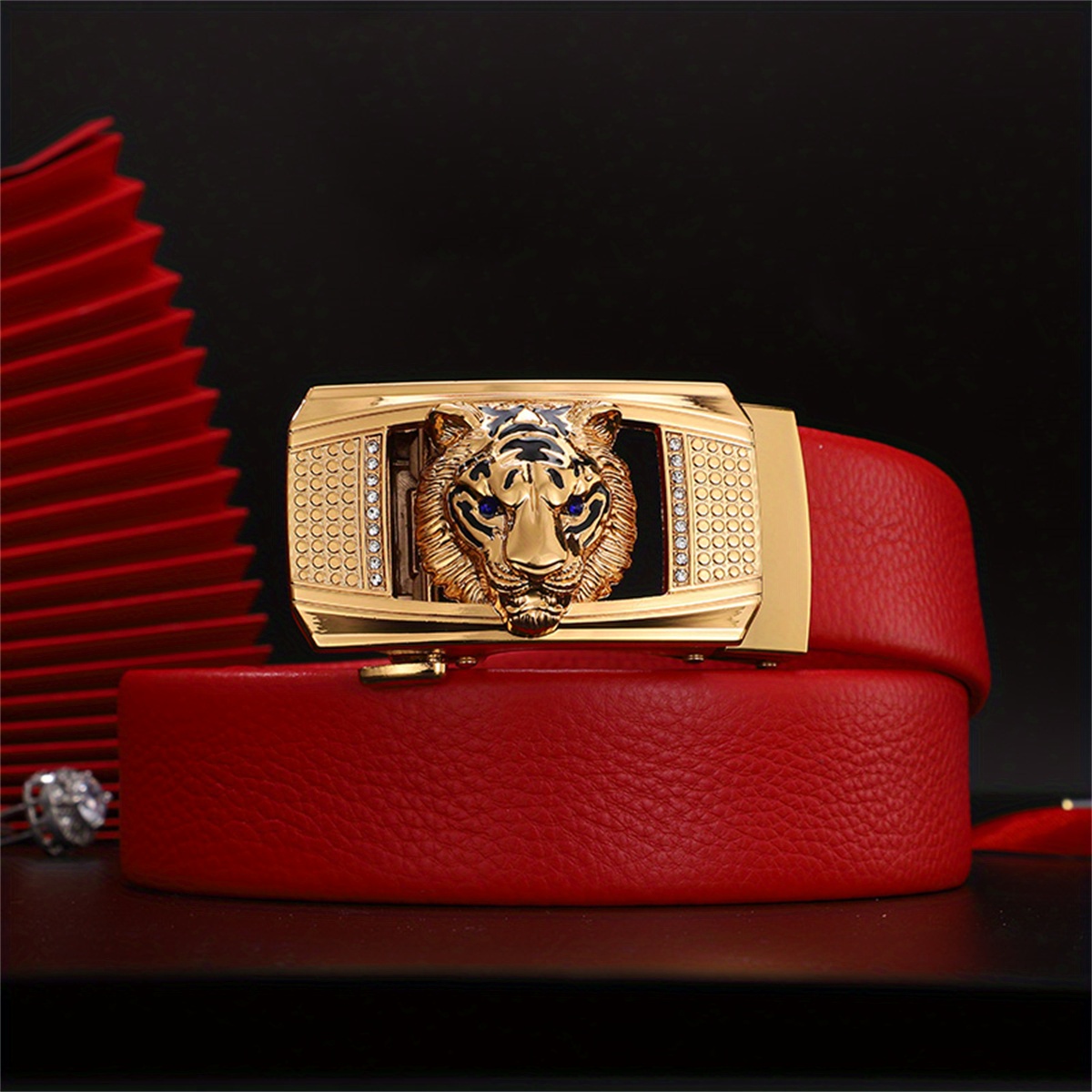 Fashion Leather Gold Lion Head Red Sliding New Designer Auto Buckle Belt  Men's