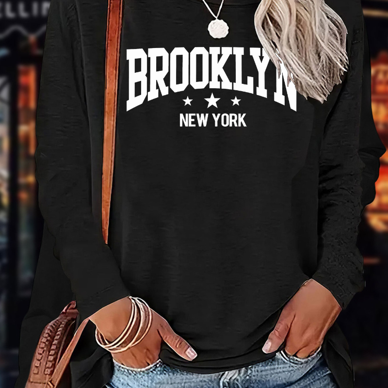 

Brooklyn Print T-shirt, Long Sleeve Crew Neck Casual Top For Fall & Spring, Women's Clothing
