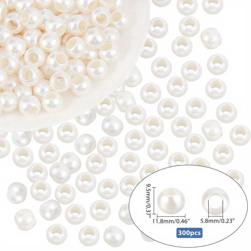 300 Pcs White ABS Faux Pearl Beads Creamy White Big Hole Plastic