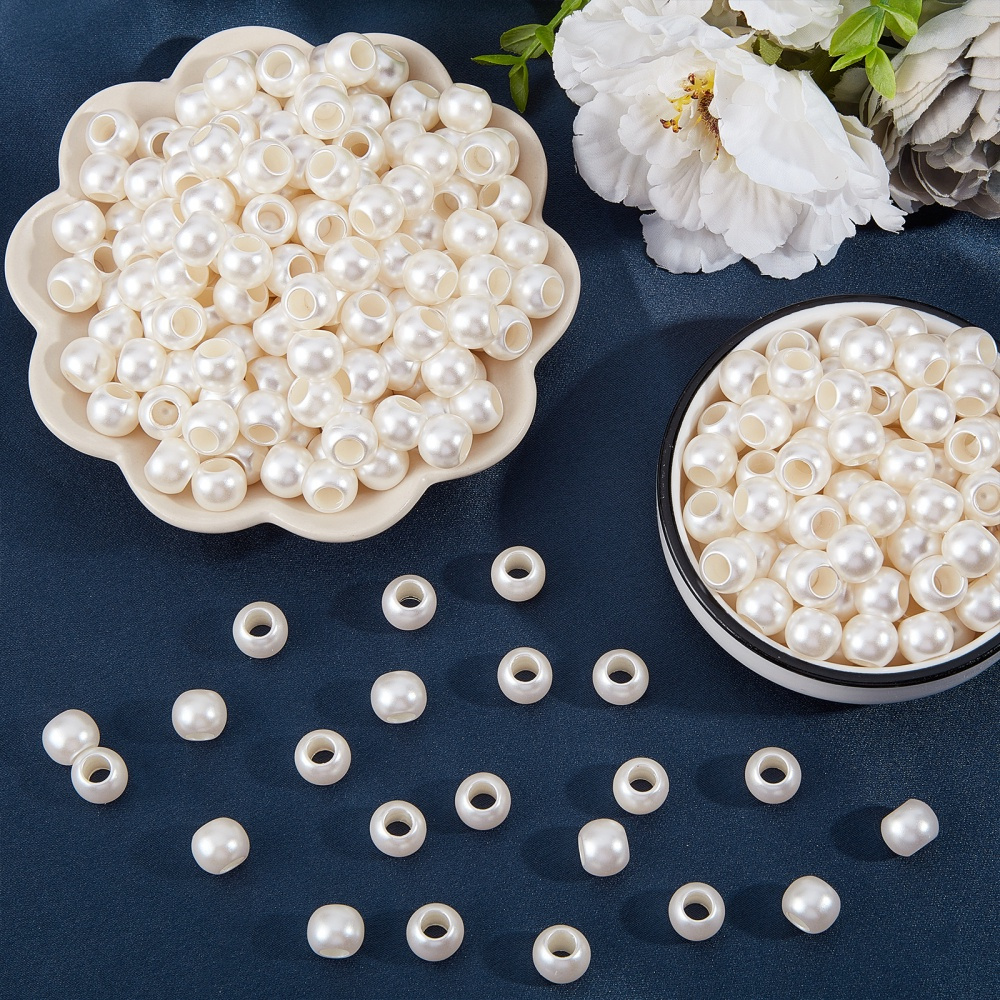 300 Pcs White ABS Faux Pearl Beads Creamy White Big Hole Plastic