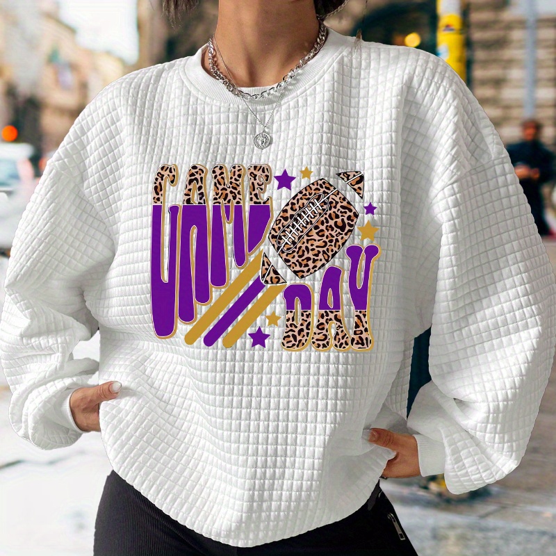 

Football Game Day Print Waffle Sweatshirt, Casual Crew Neck Long Sleeve Sweatshirt, Women's Clothing