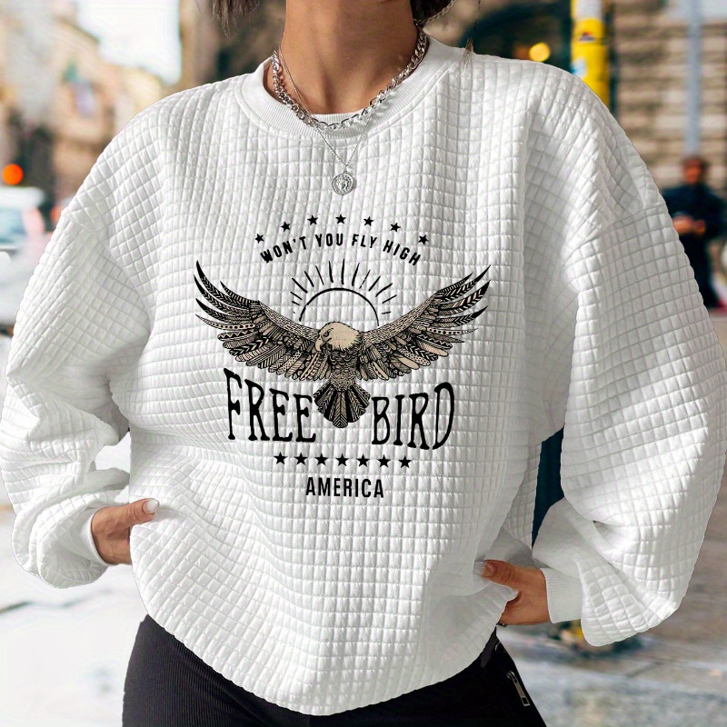 

American Free Eagle Print Waffle Sweatshirt, Casual Long Sleeve Crew Neck Sweatshirt, Women's Clothing