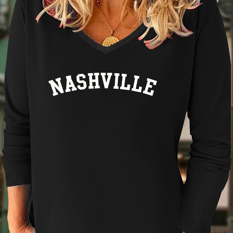

Nashville Print T-shirt, Casual V Neck Long Sleeve Top, Women's Clothing