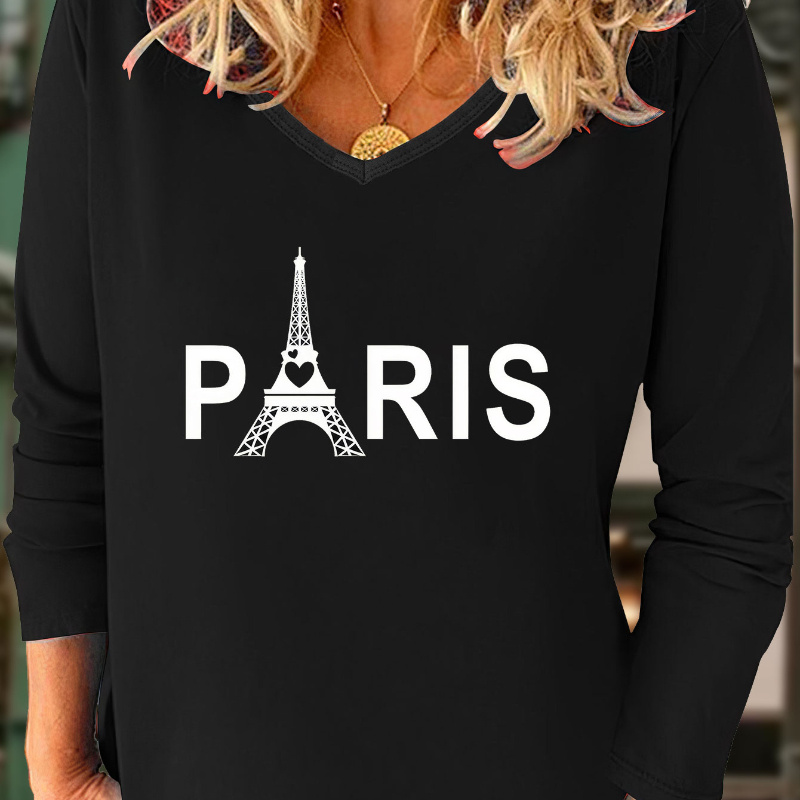 

Paris Eiffel Tower Print T-shirt, Casual V Neck Long Sleeve Top, Women's Clothing