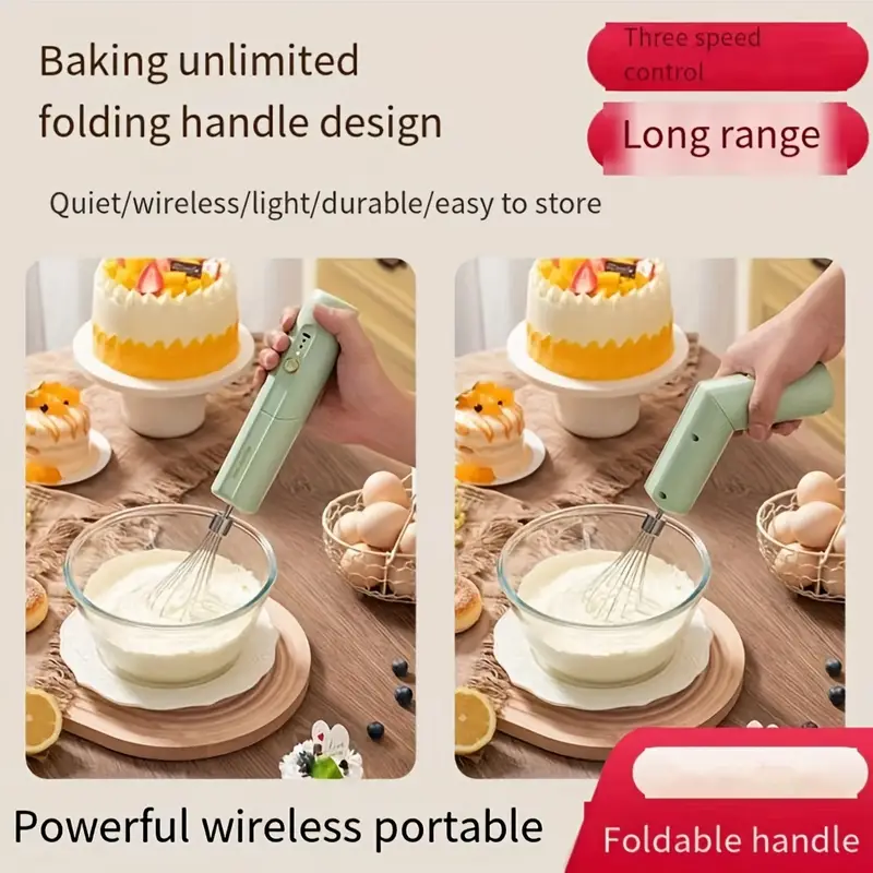 rechargeable cordless electric whisk with 2 replacement heads for brownies cakes doughs and meringues great for home outdoor camping baking lightweight and portable easier to send to relatives and friends details 0