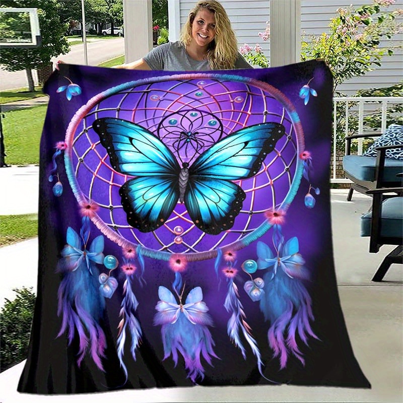 1pc   purple   butterfly blanket lightweight flannel throw for sofa bed travel camping livingroom office couch chair and bed digital printing fleece blanket with soft and warm flannel fabric details 0