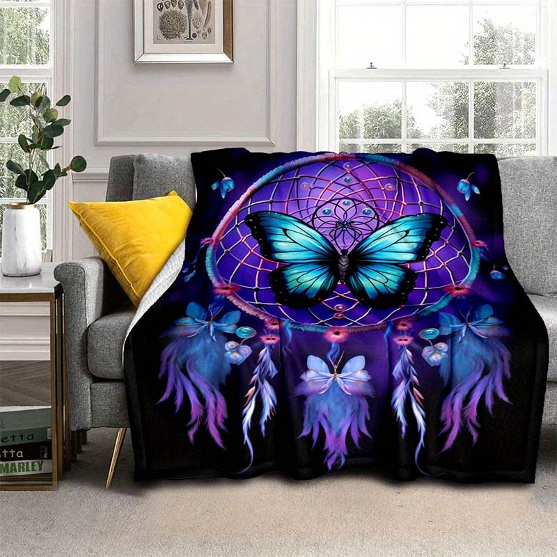 1pc   purple   butterfly blanket lightweight flannel throw for sofa bed travel camping livingroom office couch chair and bed digital printing fleece blanket with soft and warm flannel fabric details 1