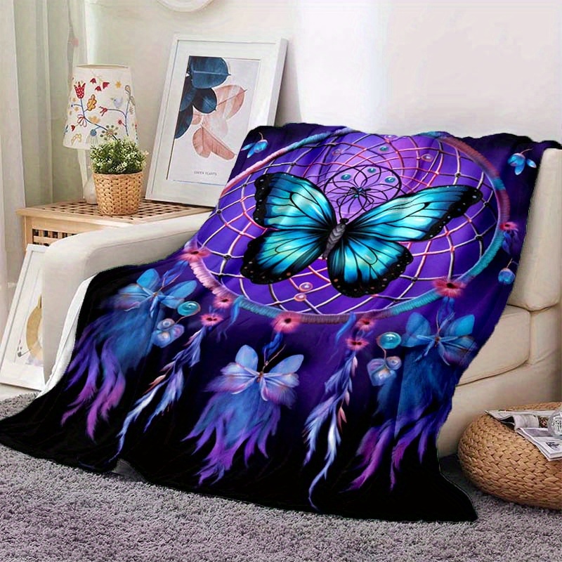 1pc   purple   butterfly blanket lightweight flannel throw for sofa bed travel camping livingroom office couch chair and bed digital printing fleece blanket with soft and warm flannel fabric details 3