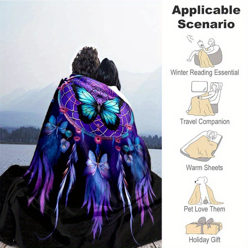 1pc   purple   butterfly blanket lightweight flannel throw for sofa bed travel camping livingroom office couch chair and bed digital printing fleece blanket with soft and warm flannel fabric details 4