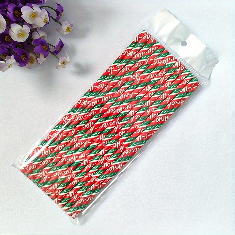 25pcs Disposable Red & Green Stripe Candy Cane Paper Straws