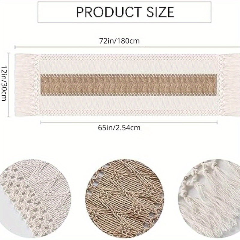 Un caminito de mesa bohemio de 72 pulgadas de largo, diseñado para la decoración del hogar, con un estilo rústico de granja en crema y marrón, completo con borlas, adecuado para usar en la sala de comidas o en el dormitorio.