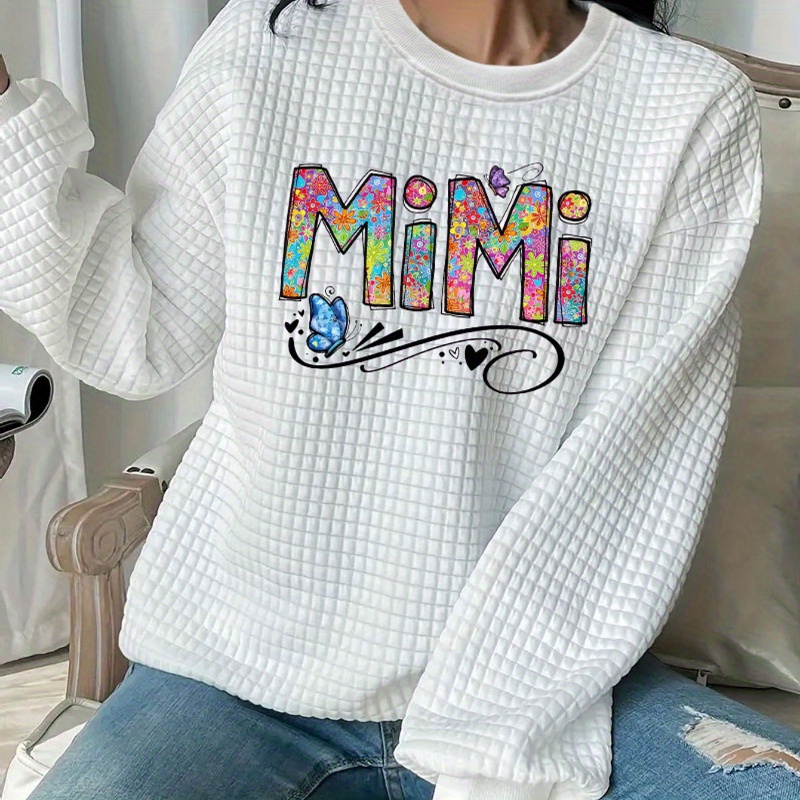 

Mimi Print Waffle Sweatshirt, Casual Crew Neck Long Sleeve Sweatshirt, Women's Clothing