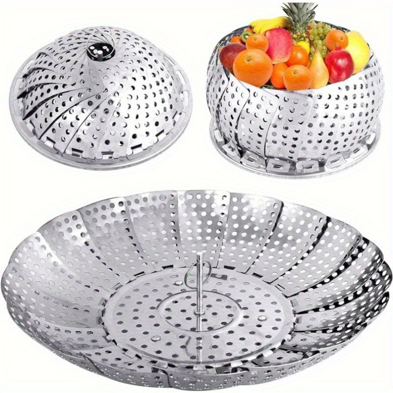 Stainless Steel Steamer Basket Metal Steamer Insert Steaming Rack Vegetables Fruit Colander Strainer with Handle, Silver