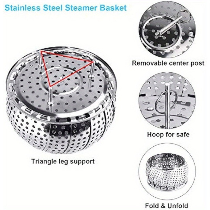 Vegetable Folding Steamer Basket , Metal Stainless Steel Steamer Basket  Insert, Collapsible Steamer Baskets for Cooking Food, Expandable Fit  Various