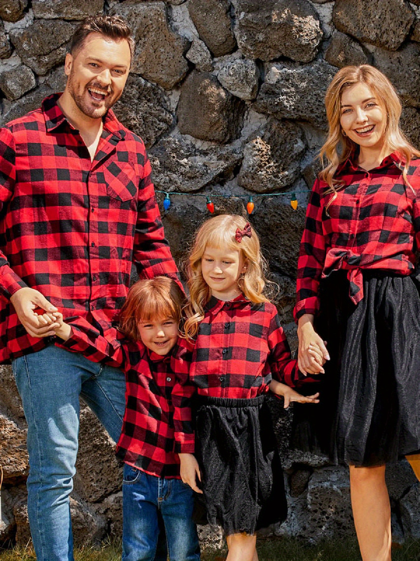 Family Matching Black and White Plaid Lapel Button Down Long-sleeve Shirts