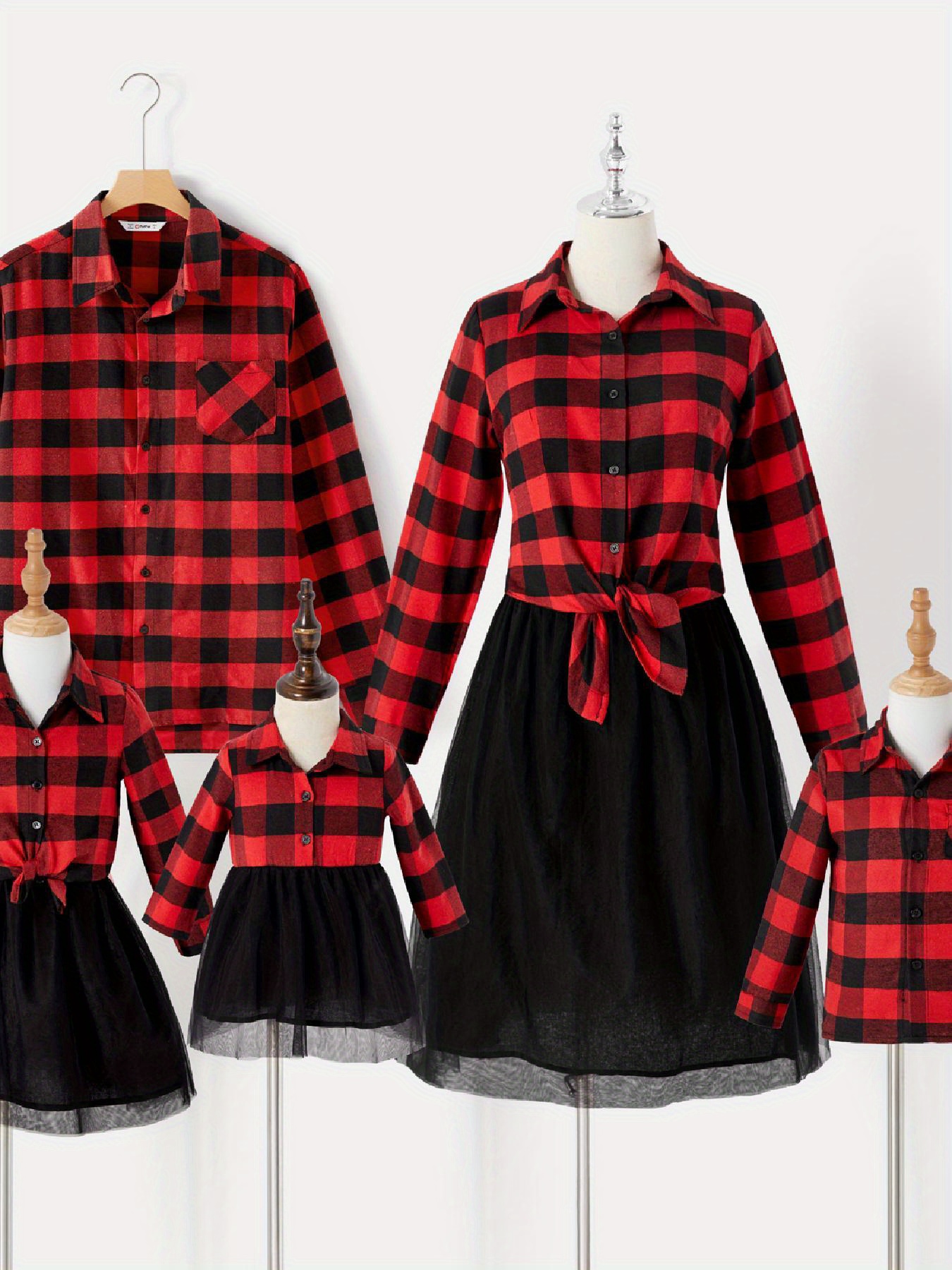 Khaki Plaid Family Matching Long-sleeve Lapel Shirts and Mesh Skirts Sets