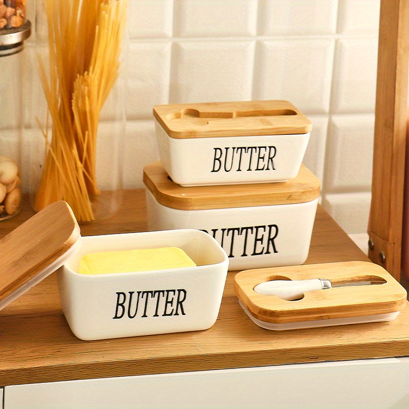 Large Butter Dish with Lid Ceramic Butter Container with Airtight Cover,  Silicone Sealing Butter Keeper with Knife for Kitchen