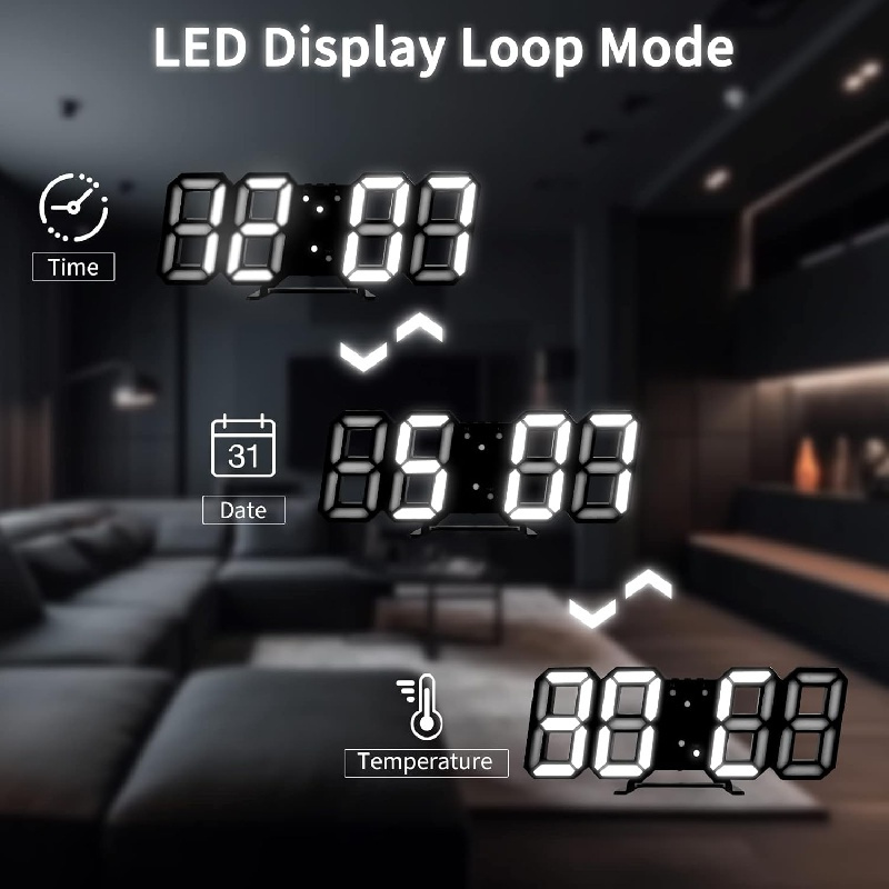 Horloge murale numérique à LED, affichage à grands chiffres, bureau  intérieur blanc, 11