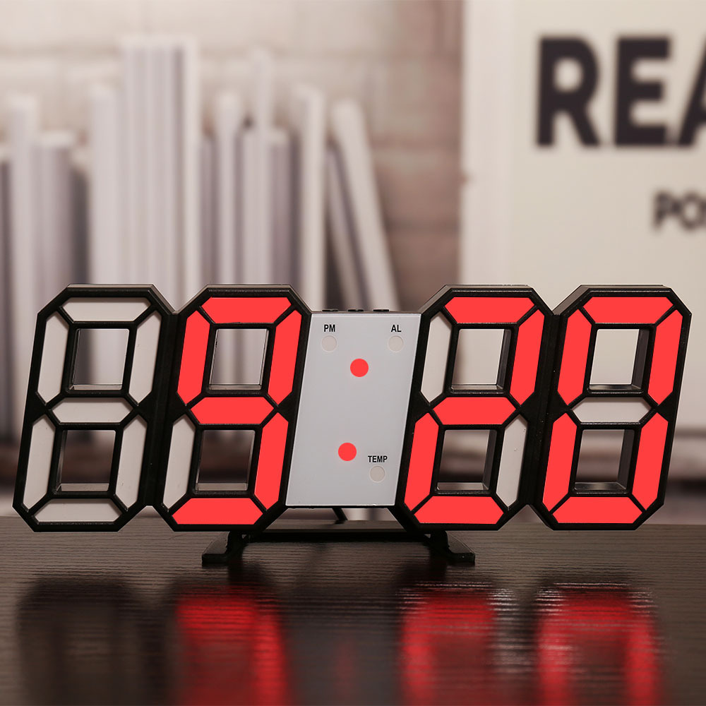 contemporary 3d led wall clock with a large display designed for   this digital alarm clock features three alarm settings automatic brightness adjustment and shows time date and temperature making it   your kitchen bedroom or office details 2