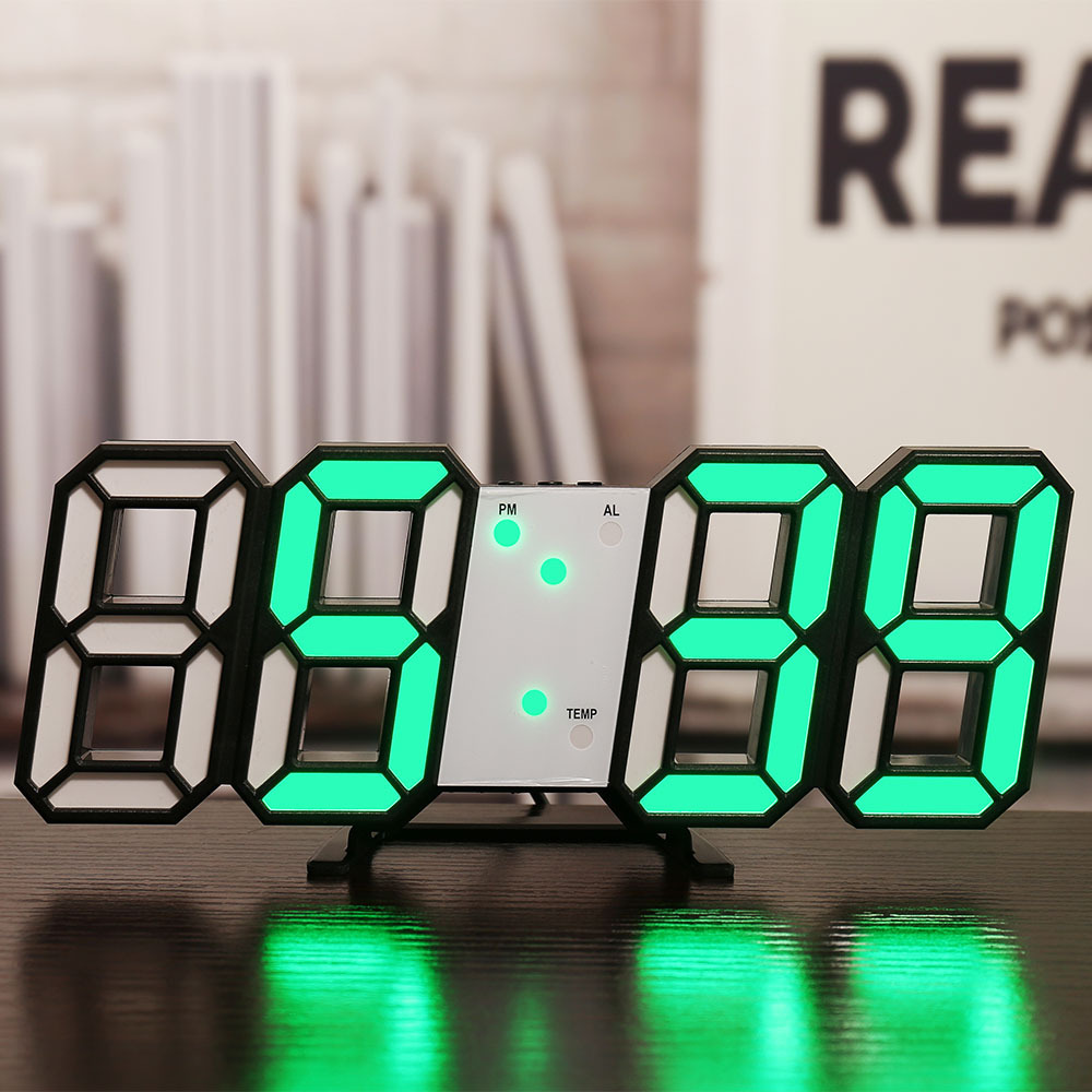 contemporary 3d led wall clock with a large display designed for   this digital alarm clock features three alarm settings automatic brightness adjustment and shows time date and temperature making it   your kitchen bedroom or office details 4