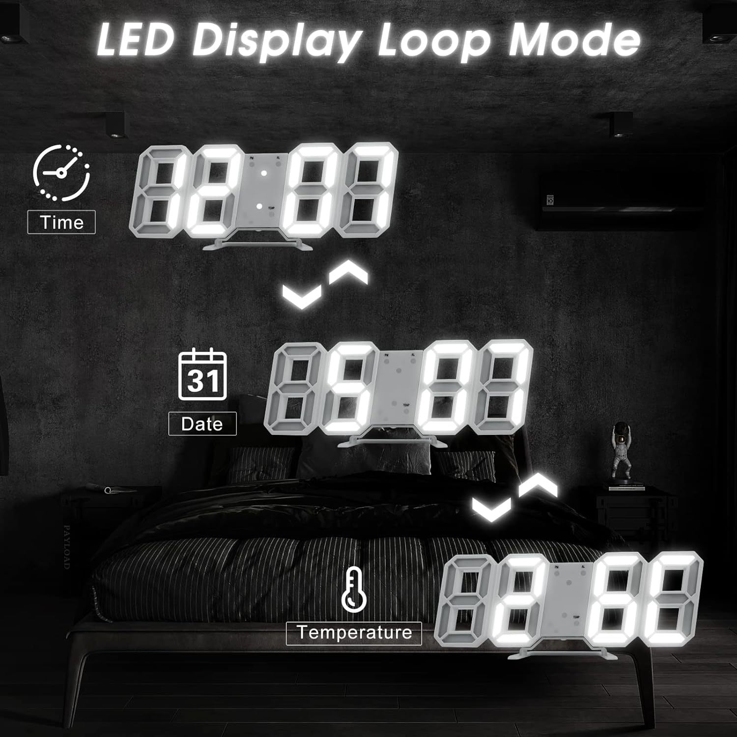 contemporary 3d led wall clock with a large display designed for   this digital alarm clock features three alarm settings automatic brightness adjustment and shows time date and temperature making it   your kitchen bedroom or office details 6