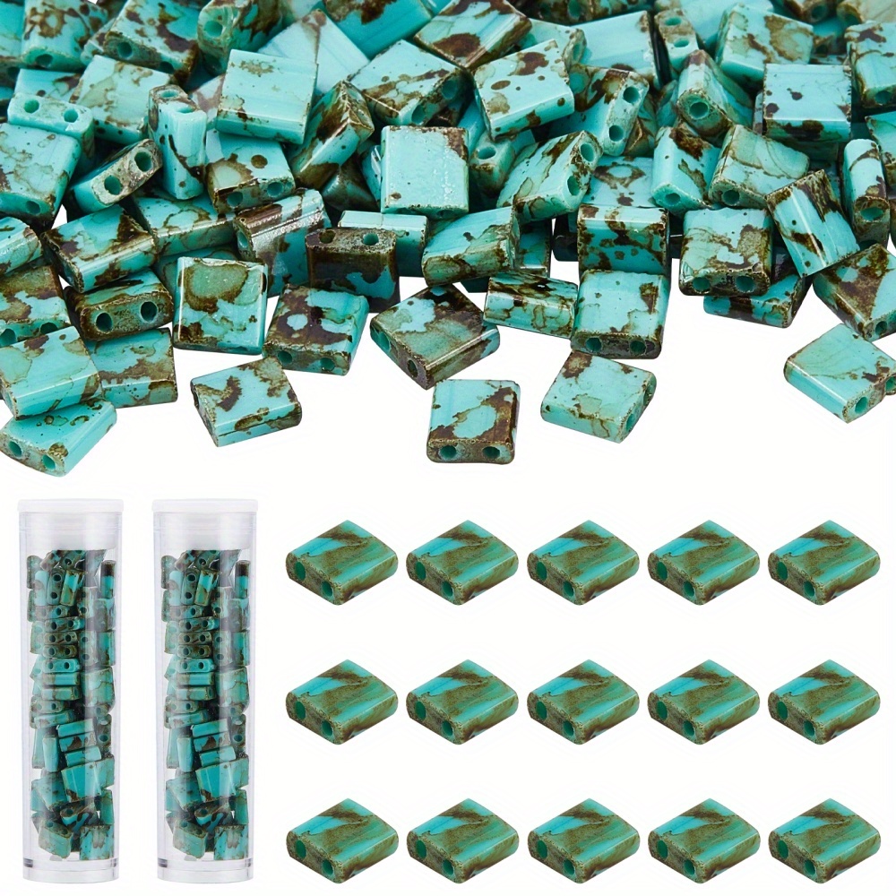 240Pcs 2 Hole Half Tila Beads 2 Colors Glass Beads Square Rectangle Mini  Opaque with Plastic Container Metallic Color 