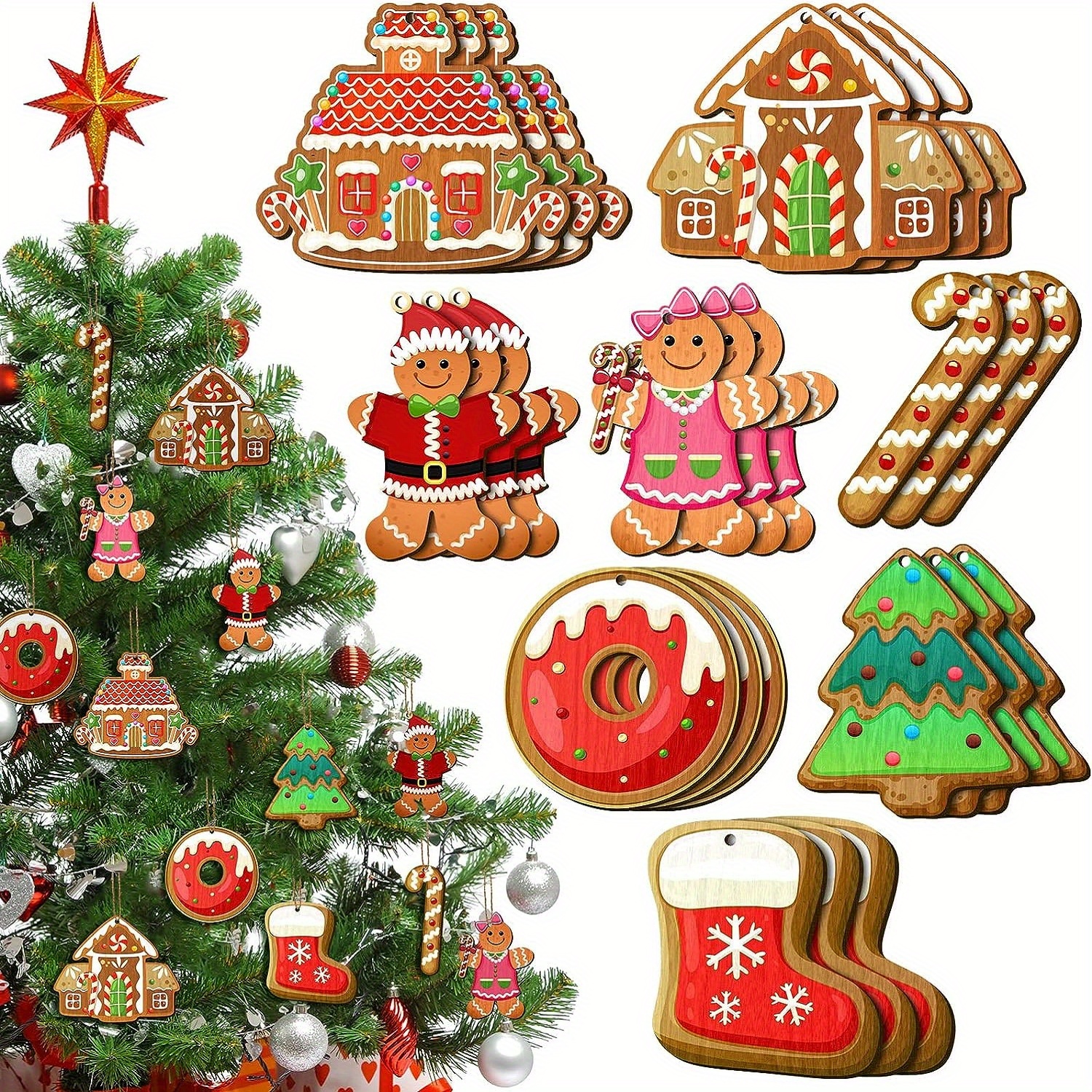 

24pcs Christmas Gingerbread Decorating Donuts Christmas Tree House Candy Fireplace Window Pendant Christmas Party Supplies