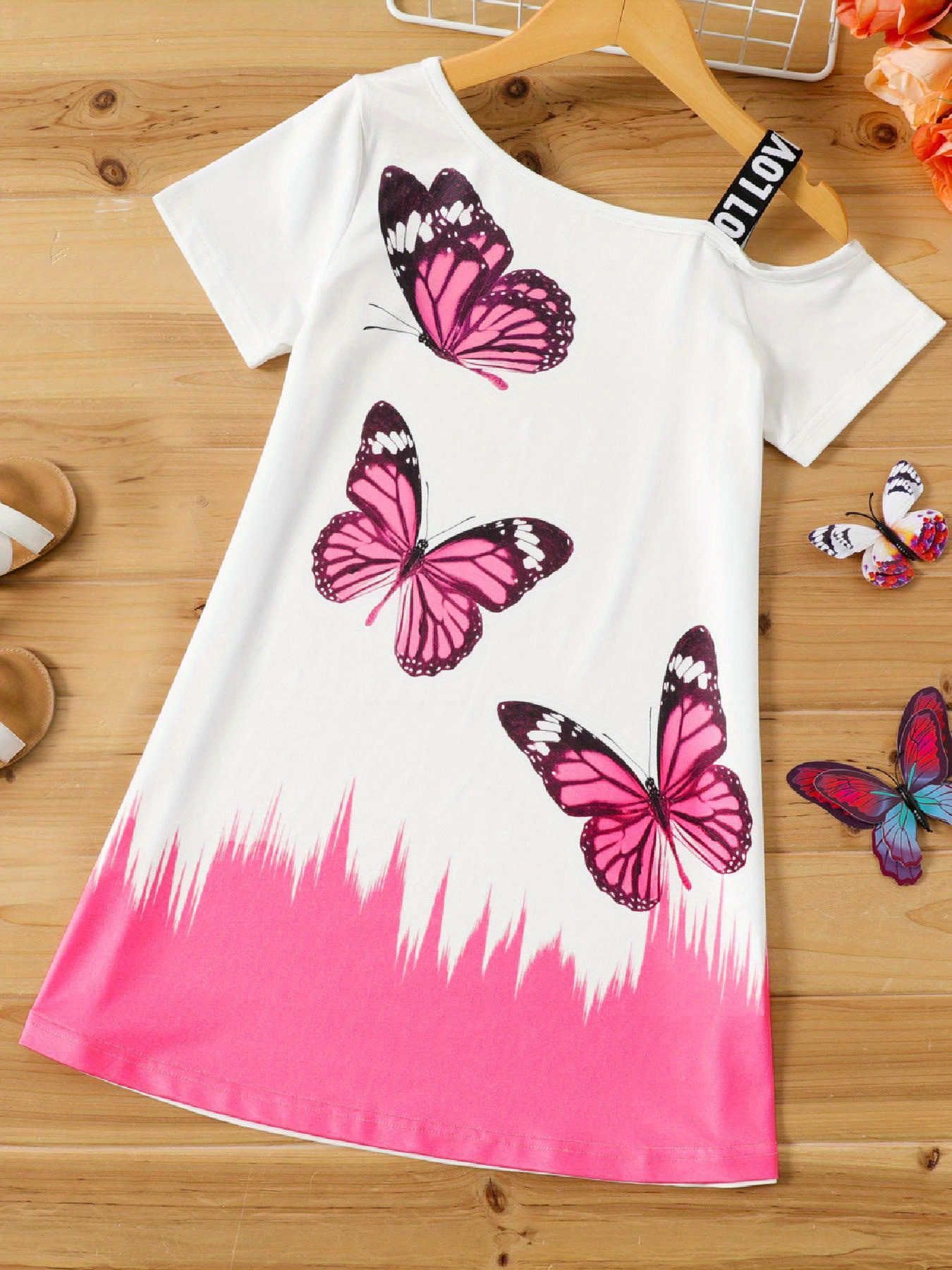 Kid Girl Butterfly Print Smocked Off Shoulder Short-sleeve Cami Tee