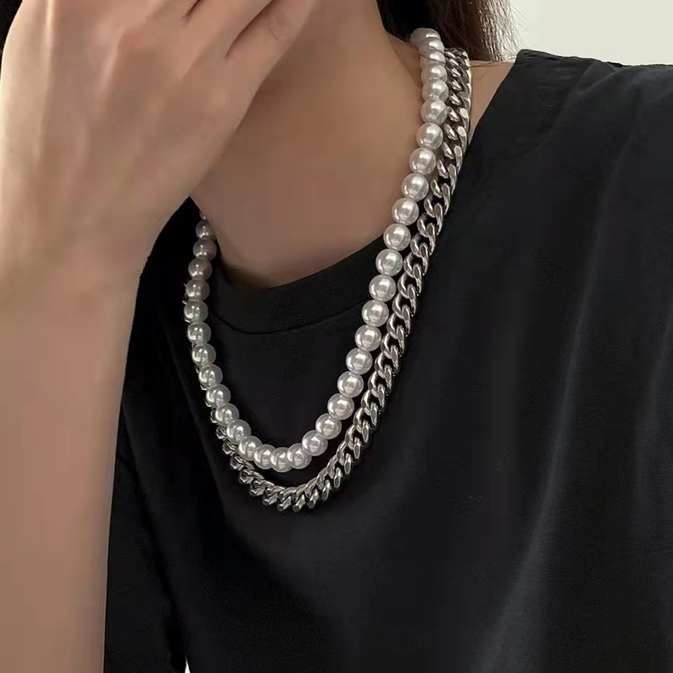 Juego de 2 collares de perlas, collar de perlas artificiales
