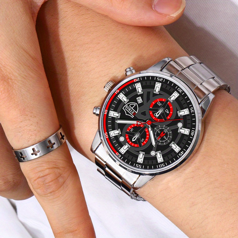 Mens Black Stainless Steel Quartz Watch, Fashion Classic Calendar Wristwatch