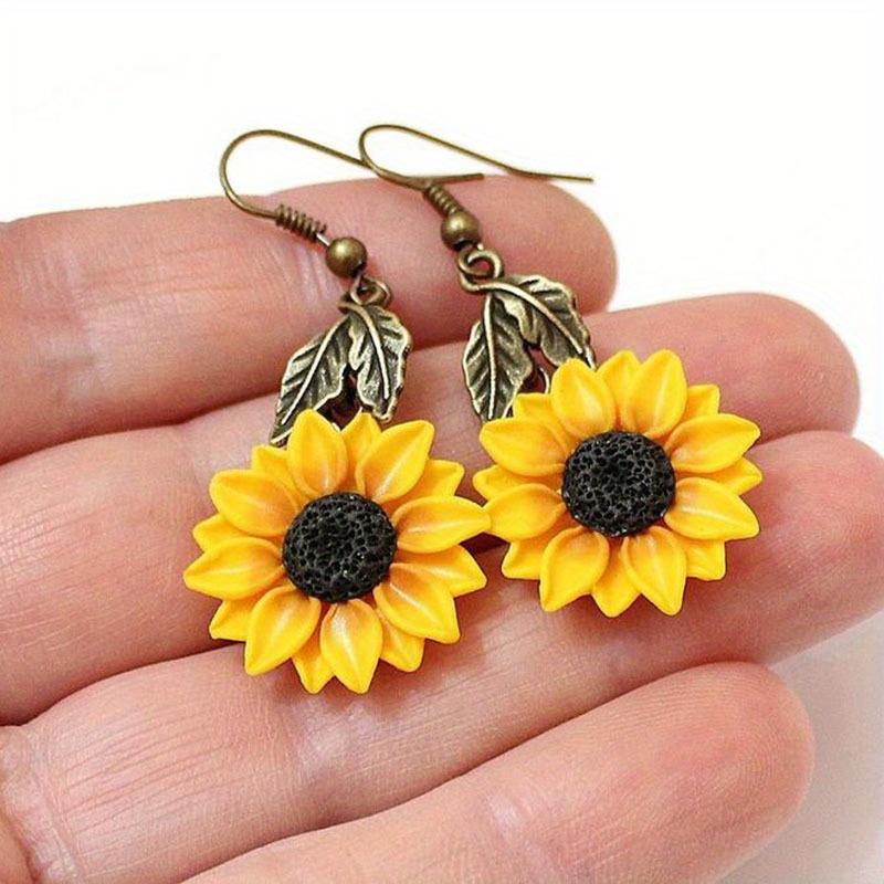 Sunflower Jewelry Set For Women – Dangle Earrings & Necklace, Resin Boho Style Summer Gift - View #9