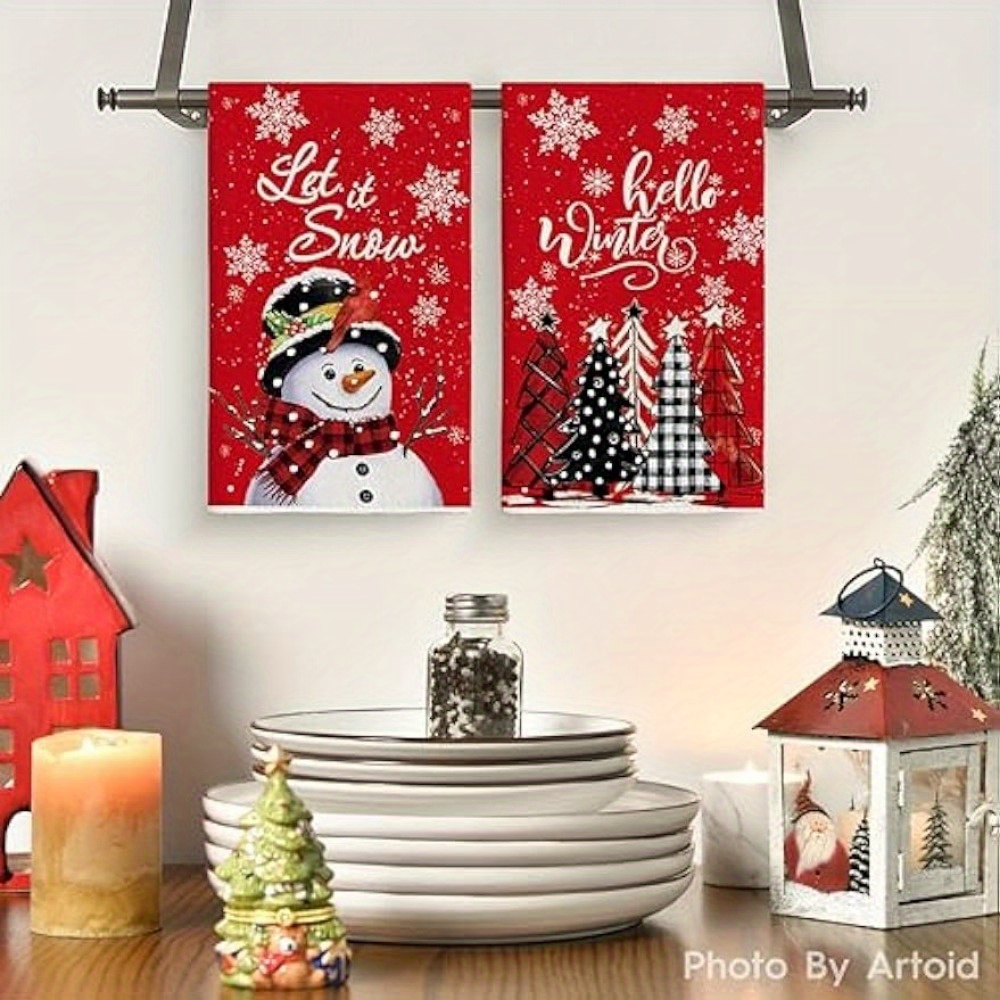 2pcs Red Snowman Let It Snow Xmas Trees Hello Winter Kitchen