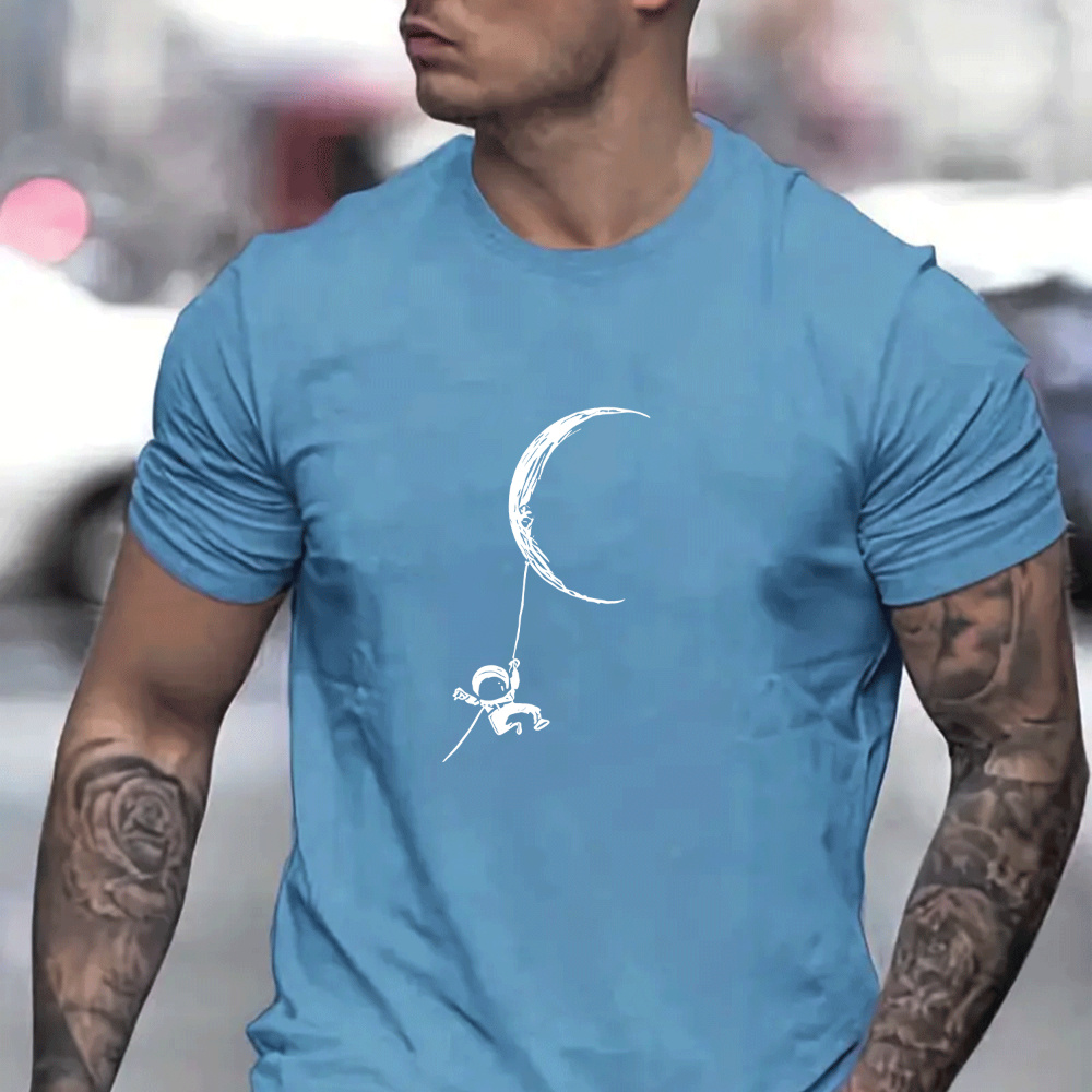 

Astronaut And Moon Print, Men's Graphic T-shirt, Casual Comfy Tees For Summer, Mens Clothing