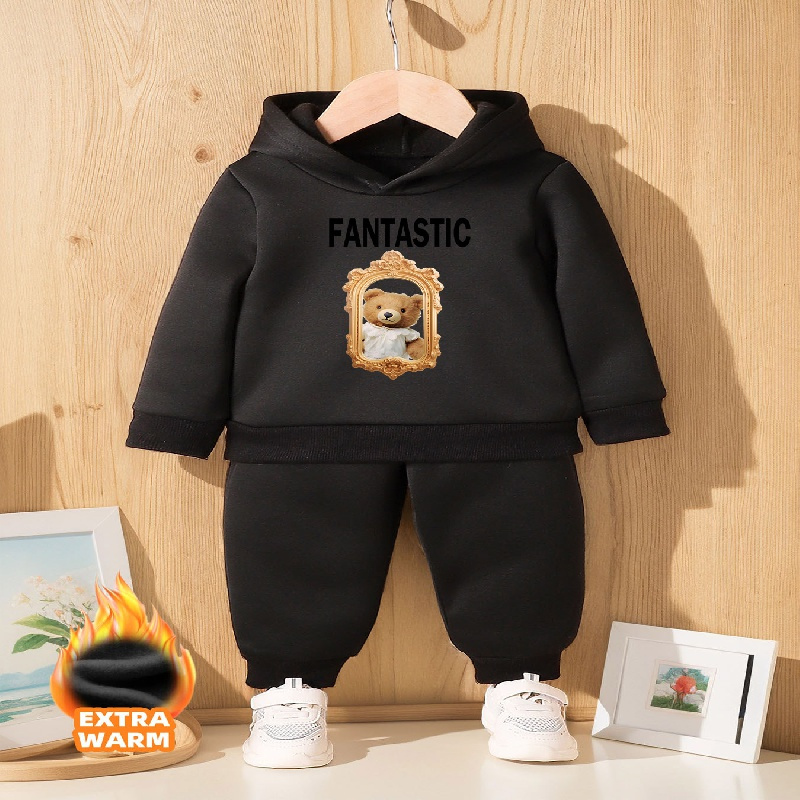 Baby Girls Boys New Cute Bear Hooded Double-sided Fleece Pullover Top Pants  Two-pieces Set, Kids Clothes Autumn And Winter