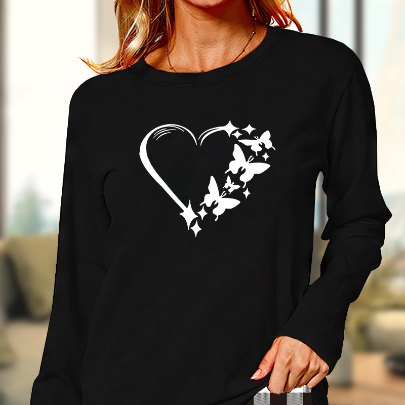 

Valentine's Day Heart & Butterfly Print Pajama Tops, Long Sleeve Round Neck Tee, Women's Sleepwear & Loungewear