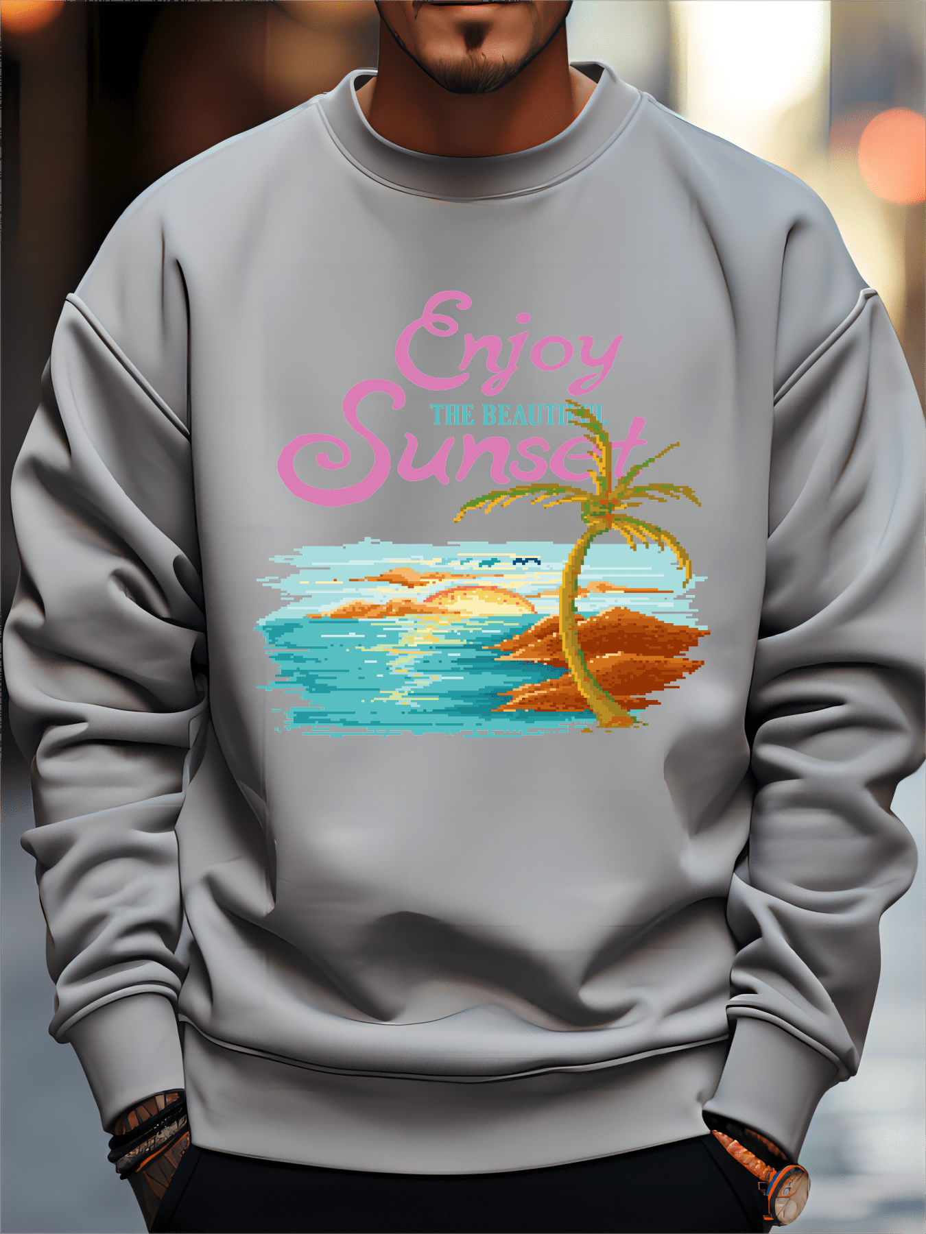 enjoy The Beautiful Sunset'' Print Men's Graphic Round Neck