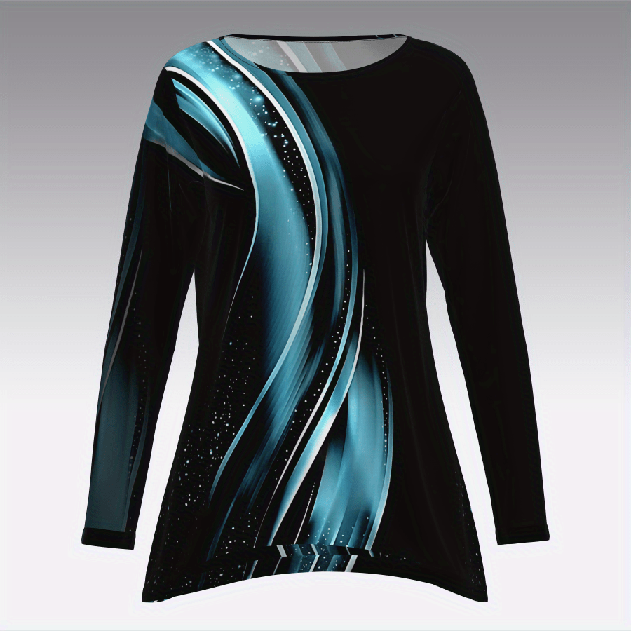 

Graphic Print Crew Neck Tunics, Vintage Long Sleeve Top For Spring & Fall, Women's Clothing