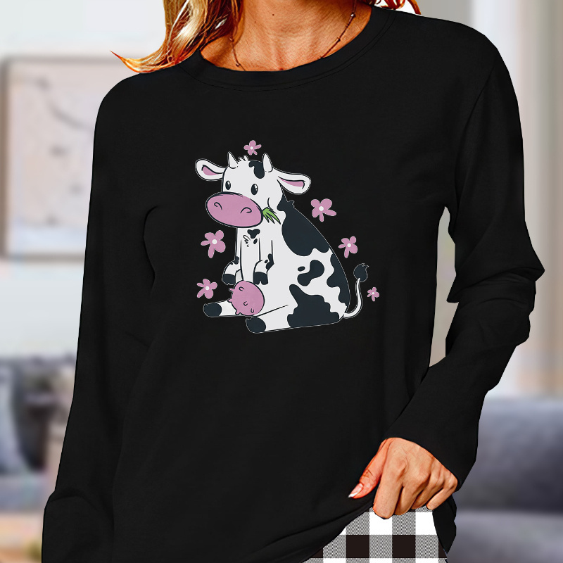 

Floral & Cute Cow Print Pajama Tops, Long Sleeve Round Neck Top, Women's Sleepwear & Loungewear