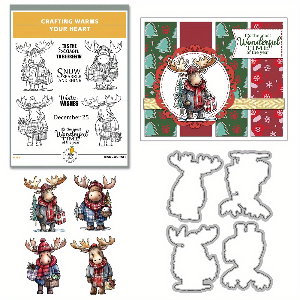 

Mangocraft Original Design Winter Cute Christmas Reindeer Clear Stamps And Metal Cutting Dies Diy Scrapbooking Silicone Stamps Metal Dies Paper Card Decoration Photo Gift Blessing Thanks Card