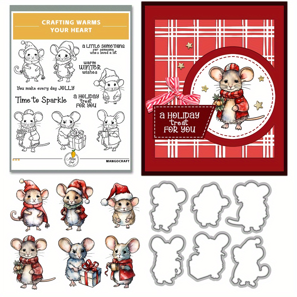 

Mangocraft Original Design Cute Mice In Christmas Hat Clear Stamps And Metal Cutting Dies Xmas Diy Scrapbooking Silicone Stamps Metal Dies Paper Card Decoration Photo Gift Blessing Thanks Card