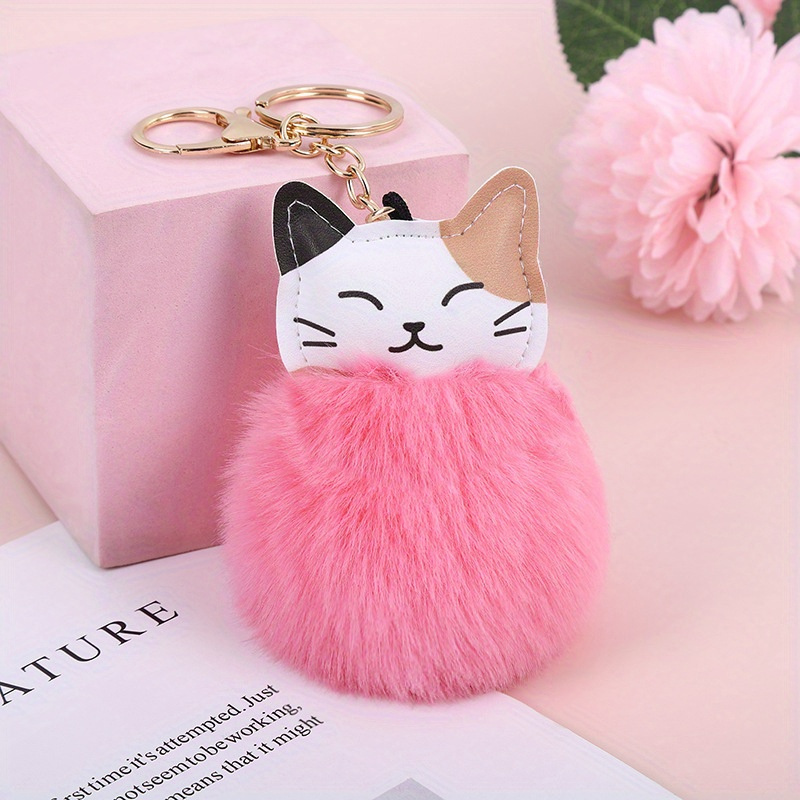 Cat Pom Pom Plush Keychain Cute Cartoon Animal Bag Key Chain - Temu