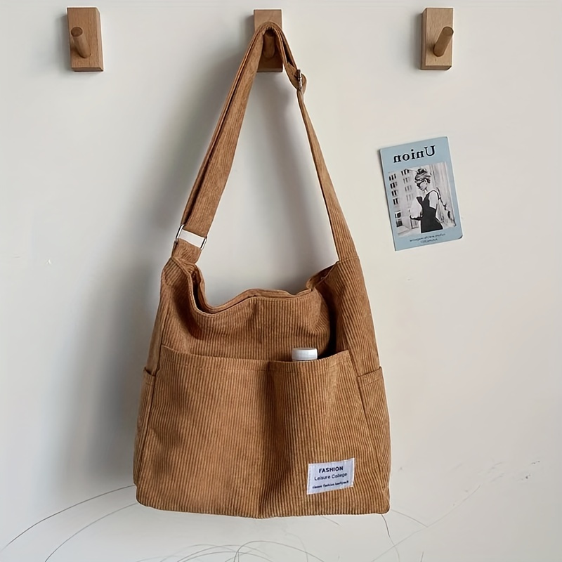 Simple Corduroy Tote Bag, Letter Patch Decor Shoulder Bag, Multi Pockets  Crossbody Bag - Temu