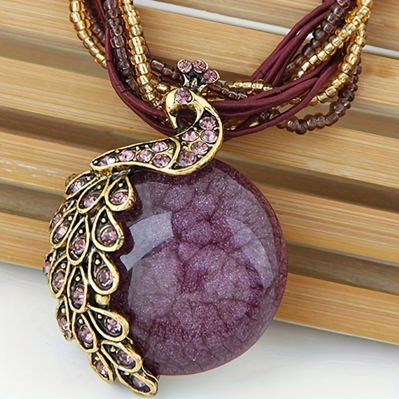 

1pc Bohemian Ethnic Retro Peacock Pattern Purple Pendant Necklace